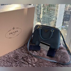Prada Small Saffiano Lux in Blue with Gold Hardware
